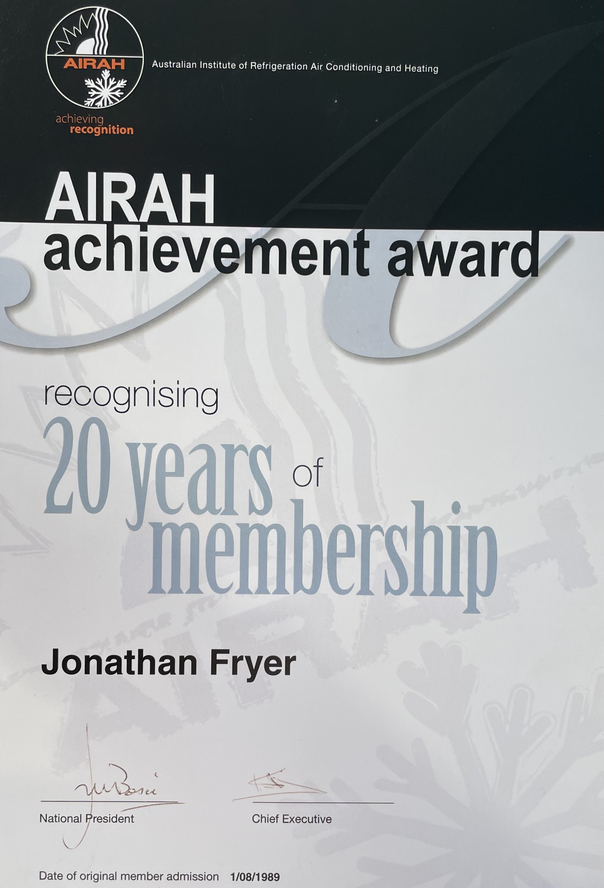 Award from the Australian Institute of Refrigeration Air Conditioning and Heating to Jonathan Fryer for 20 years of membership